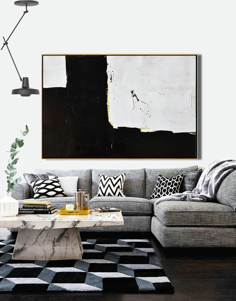 Huge Canvas Art On Canvas,Horizontal Palette Knife Minimal Canvas Art Painting Black White Beige - Large Abstract Art Handmade Acrylic Painting